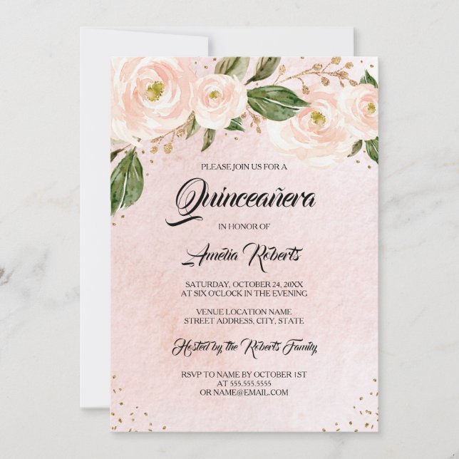 Gold Blush Pink Floral Quinceanera Birthday Invitation (Front)