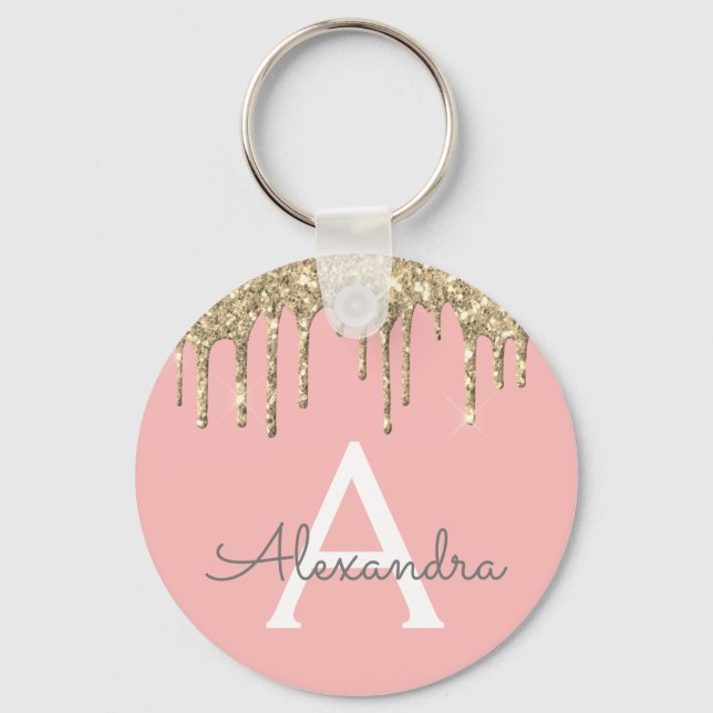 Gold Blush Pink Girly Sparkly Glitter Monogram Key Ring (Front)