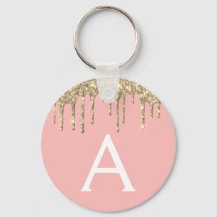 Gold Blush Pink Girly Sparkly Glitter Monogram Key Ring