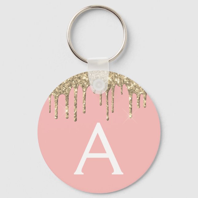 Gold Blush Pink Girly Sparkly Glitter Monogram Key Ring (Front)