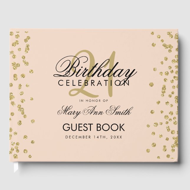 Gold Blush Pink Glitter Confetti 21st Birthday Guest Book (Front)