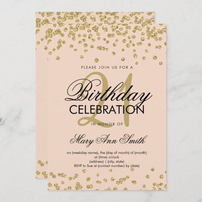 Gold Blush Pink Glitter Confetti 21st Birthday Invitation (Front/Back)