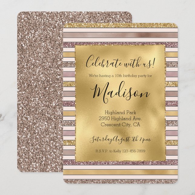 Gold Blush Pink Glitter Glitzy Stripes Invitation (Front/Back)