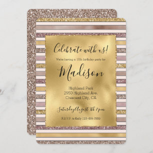 Gold Blush Pink Glitter Glitzy Stripes Invitation