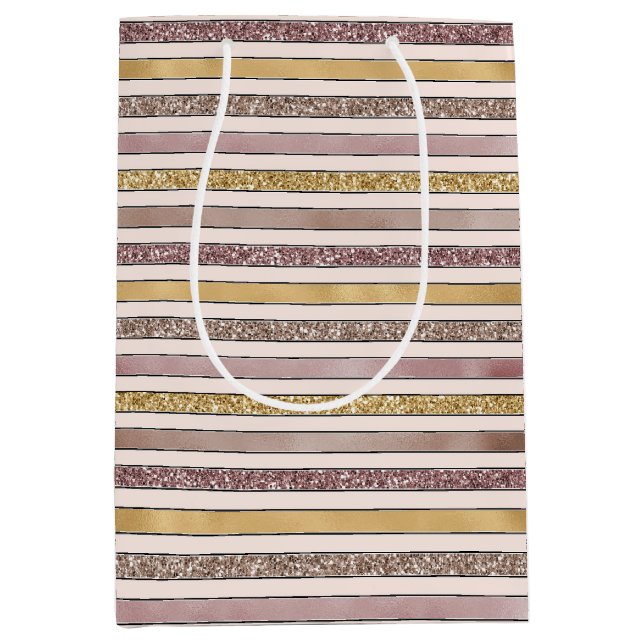 Gold Blush Pink Glitter Glitzy Stripes Medium Gift Bag (Front)