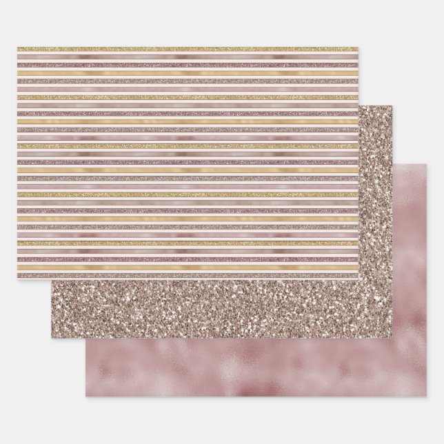 Gold Blush Pink Glitter Glitzy Stripes Wrapping Paper Sheet (Set)