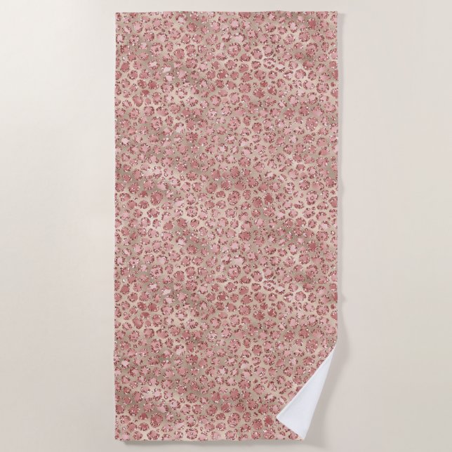 Gold Blush Pink Glitzy Glitter Leopard Print Beach Towel (Front)