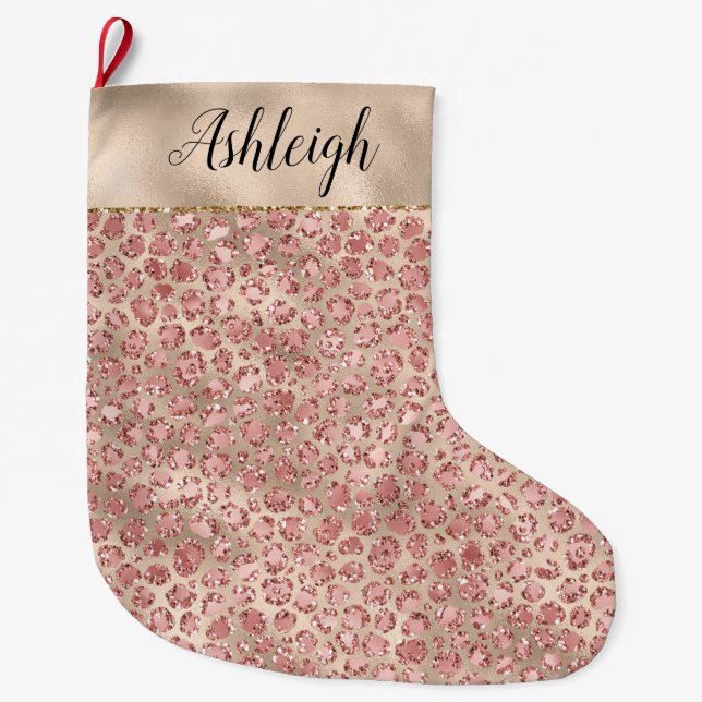 Gold Blush Pink Glitzy Glitter Leopard Print Large Christmas Stocking (Front)