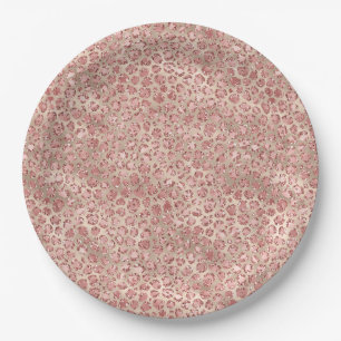 Gold Blush Pink Glitzy Glitter Leopard Print Paper Plate