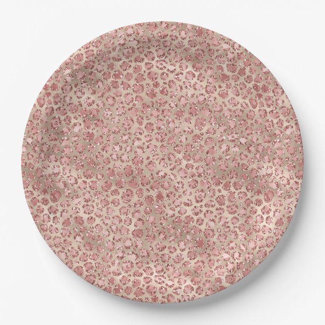 Gold Blush Pink Glitzy Glitter Leopard Print Paper Plate (Front)
