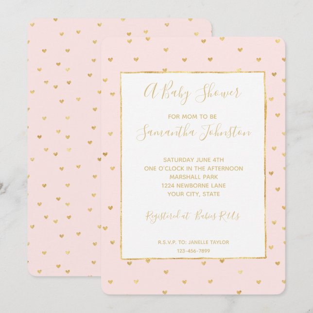 Gold Blush Pink Little Hearts Baby Shower Invitation (Front/Back)