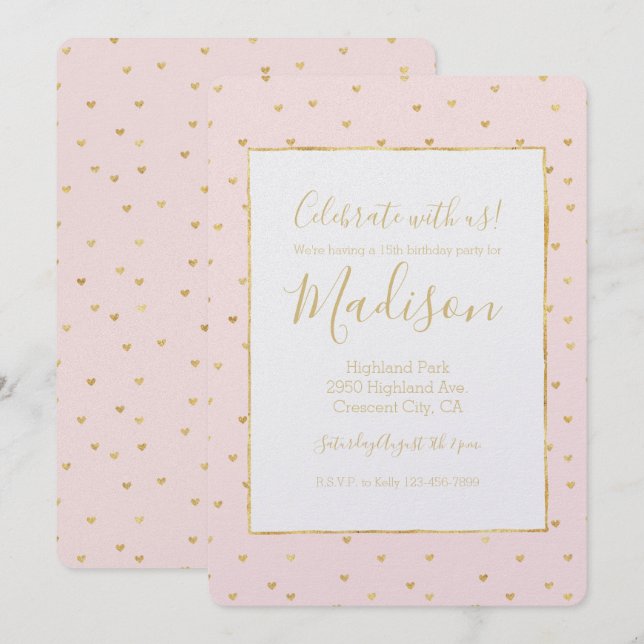 Gold Blush Pink Little Hearts Birthday Invitation (Front/Back)