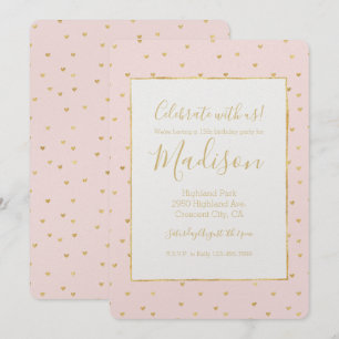 Gold Blush Pink Little Hearts Birthday Invitation