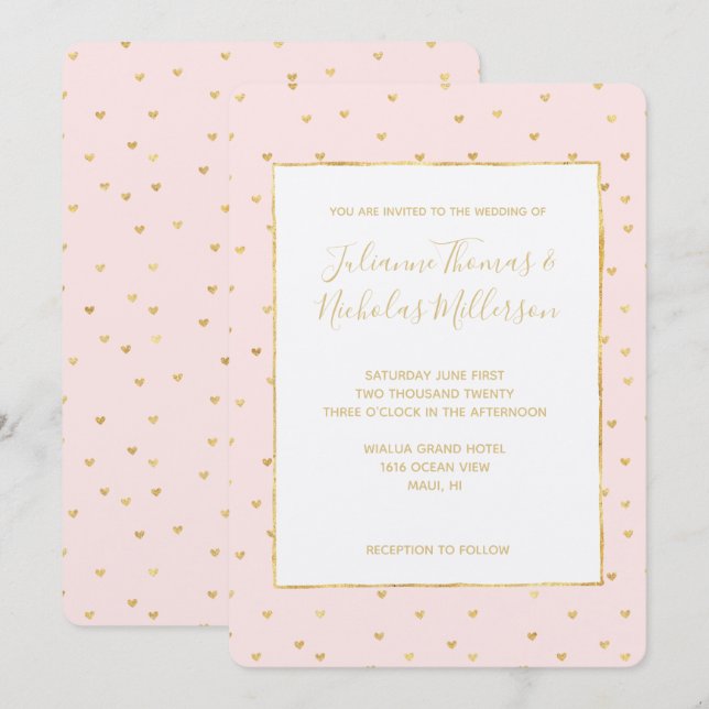 Gold Blush Pink Little Hearts Wedding Invites (Front/Back)