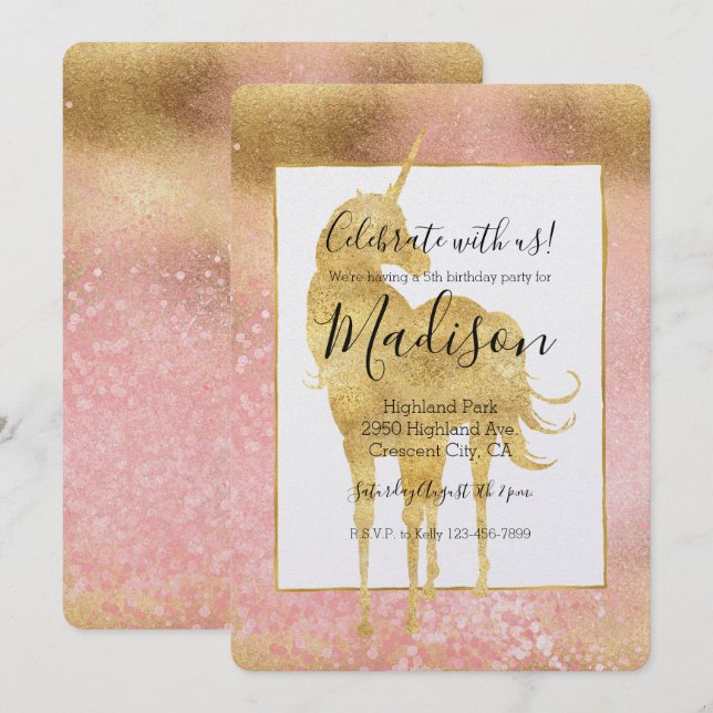 Gold Blush Pink Magical Unicorn Birthday Invitation (Front/Back)