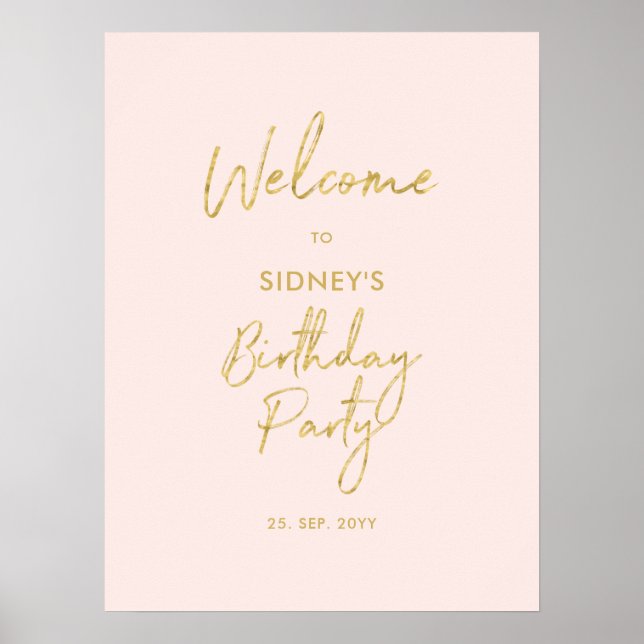 Gold & Blush Pink Modern Birthday Party Welcome Poster (Front)