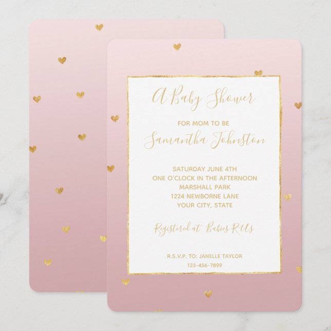 Gold Blush Pink Ombre Hearts Baby Shower Invitation (Front/Back)