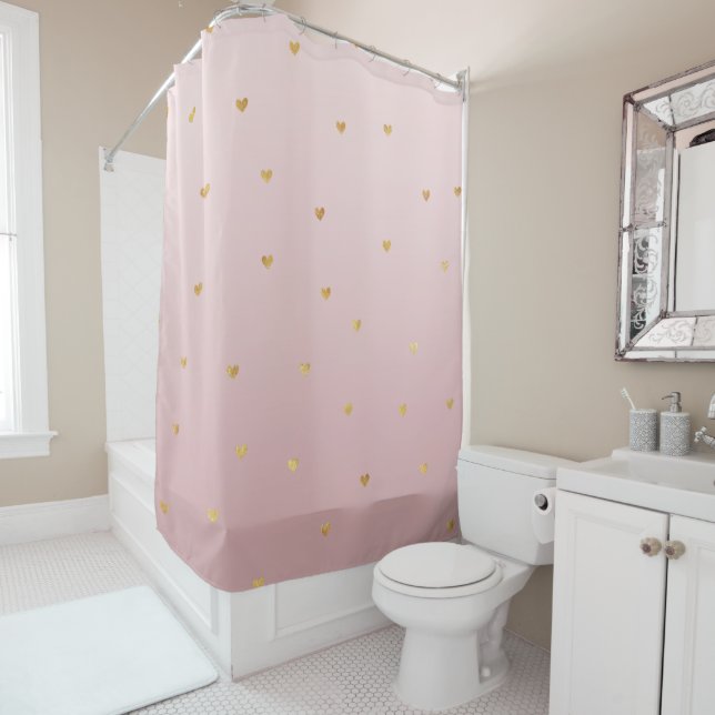 Gold Blush Pink Ombre Hearts Shower Curtain (In Situ)