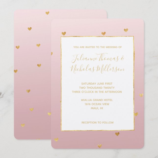 Gold Blush Pink Ombre Hearts Wedding Invitation (Front/Back)
