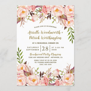 Gold Blush Pink Peony Rehearsal Dinner Invitations