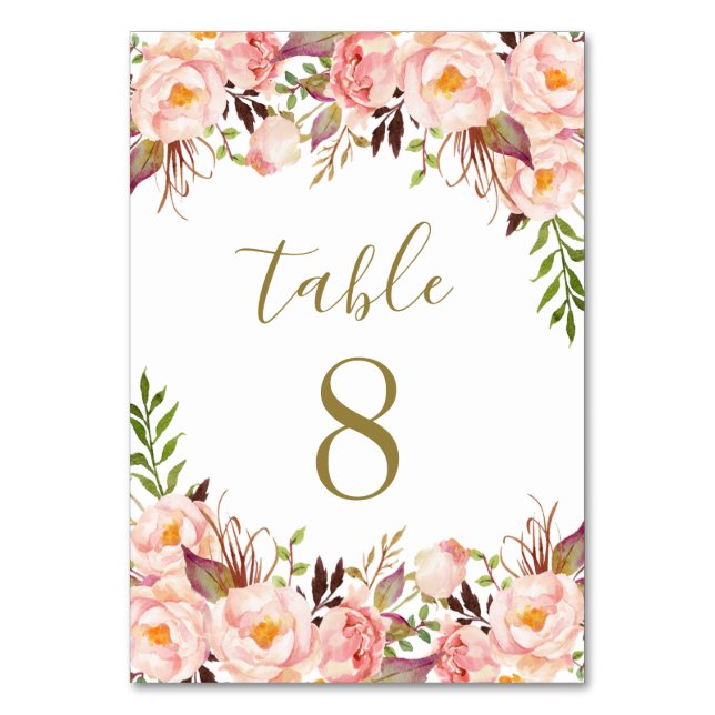 Gold Blush Pink Peony Wedding Table Number Cards (Front)