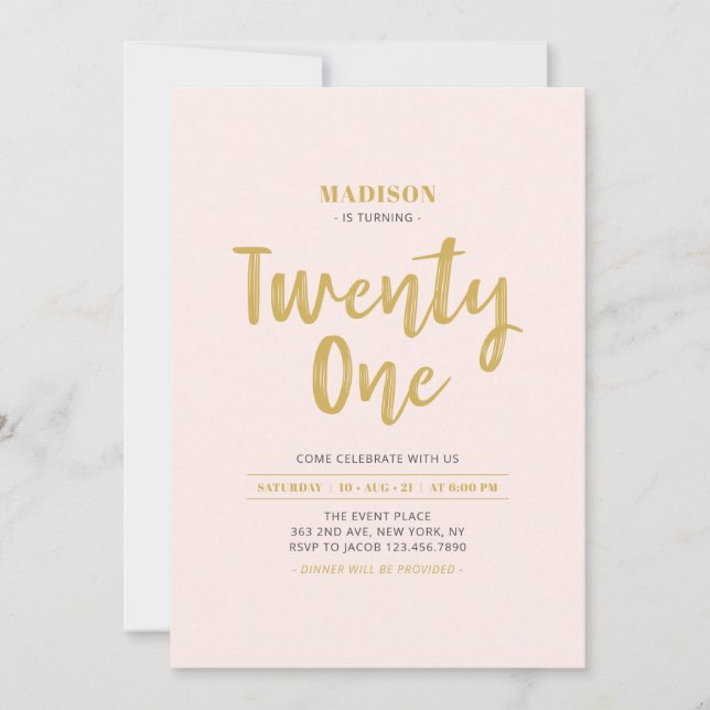 Gold & Blush Pink Simple 21st Birthday Party Invitation (Front)
