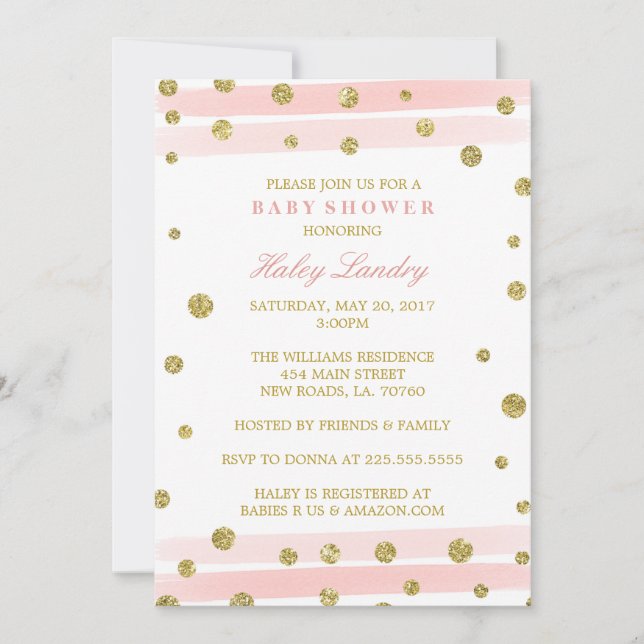 Gold + Blush Pink Watercolor Baby Shower Invites (Front)