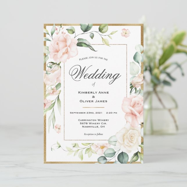 Gold Blush Pink Watercolor Romantic Floral Wedding Invitation (Standing Front)