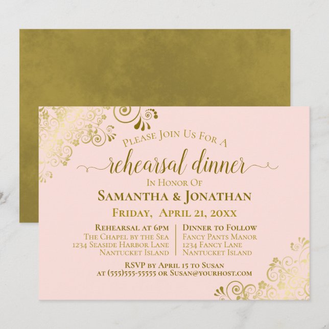 Gold & Blush Pink Wedding Rehearsal & Dinner Invitation (Front/Back)
