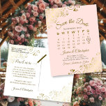 Gold & Blush Pink Wedding Save the Date Calendar Announcement Postcard<br><div class="desc">This beautiful save the date postcard will give your friends and family advance notice of your upcoming wedding. It features a clever design with a custom calendar where you can put a heart around your wedding date. The background is light blush pink coloured, and there are decorative gold faux foil...</div>