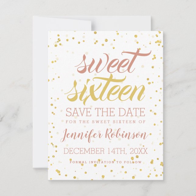 Gold & Blush Sweet 16 Save Date Sparkle Confetti Save The Date (Front)