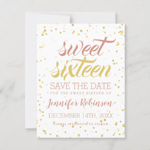 Gold & Blush Sweet 16 Save Date Sparkle Confetti Save The Date