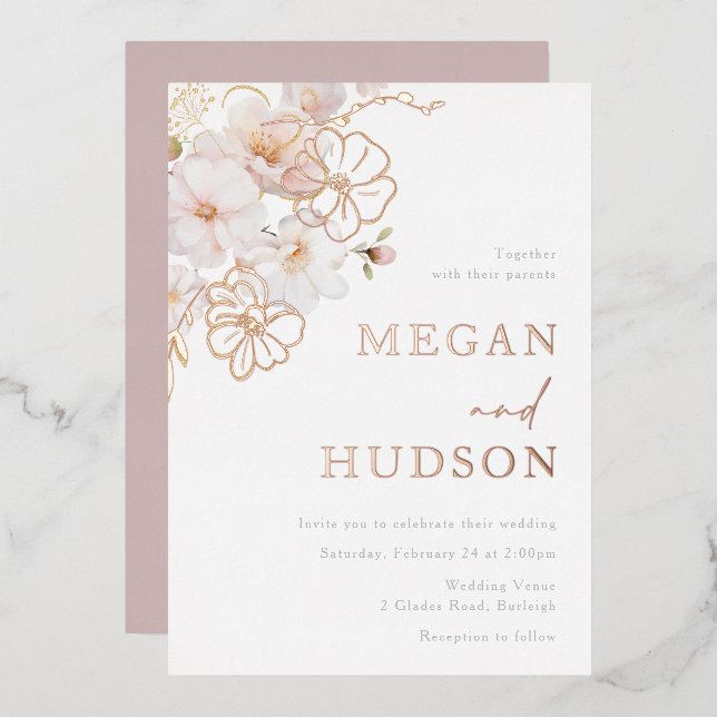 Gold & Blush Wildflowers Wedding Rose Gold (Front/Back)