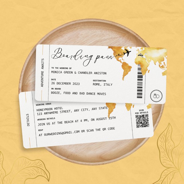 Gold Boarding Pass Destination Wedding QR code Invitation (Creator Uploaded)