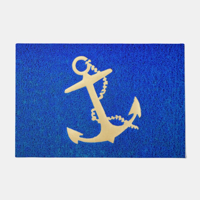 Gold Boat Anchor on Blue  Doormat (Front)