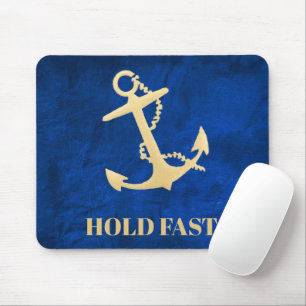 Gold Boat Anchor on Blue Leather Mouse Mat