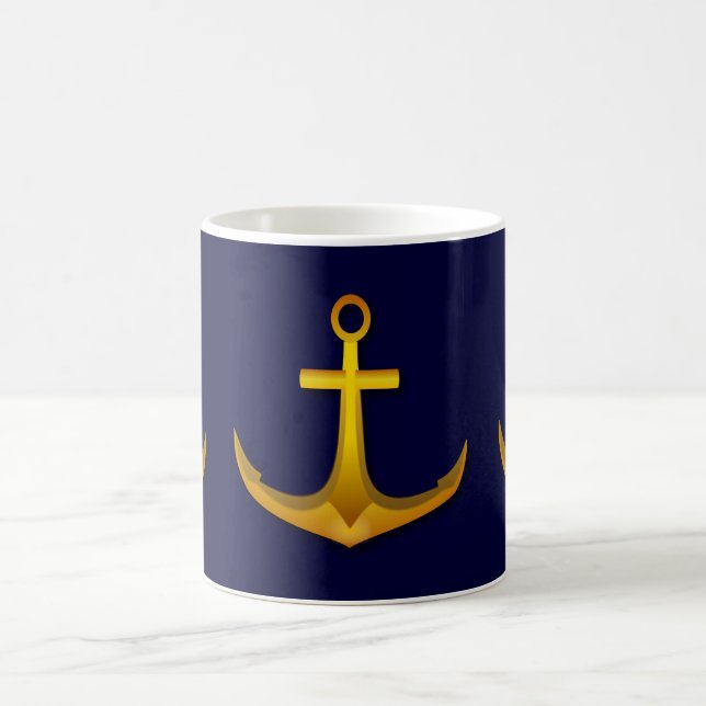 Gold Boat Anchor on Navy Blue Nautical Sea Theme Coffee Mug (Center)