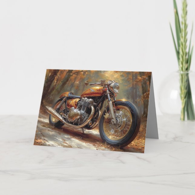 Gold Bobber Motorcycle Card - Forest Background (Front)