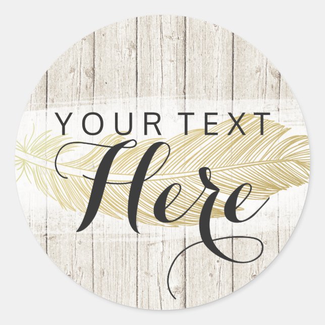 Gold Bohemian Feather on Rustic Wood Boards Classic Round Sticker (Front)