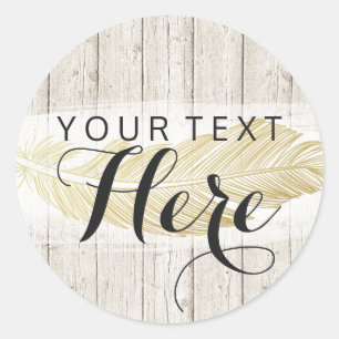 Gold Bohemian Feather on Rustic Wood Boards Classic Round Sticker