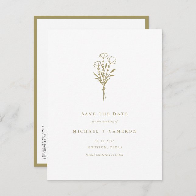 Gold Boho Botanical QR Code Save the Date Announcement Postcard (Front/Back)