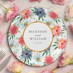 Gold Boho Chic Whimsical Greenery Wildflower Paper Plate