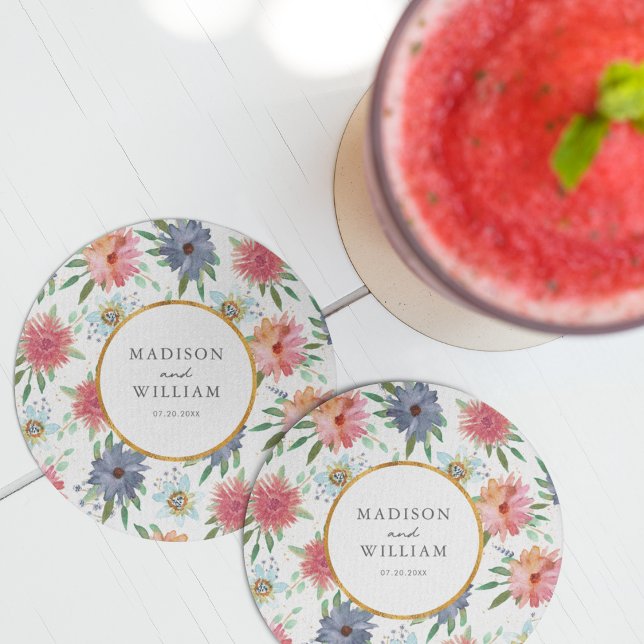 Gold Boho Chic  Whimsical Greenery Wildflower Round Paper Coaster (Creator Uploaded)