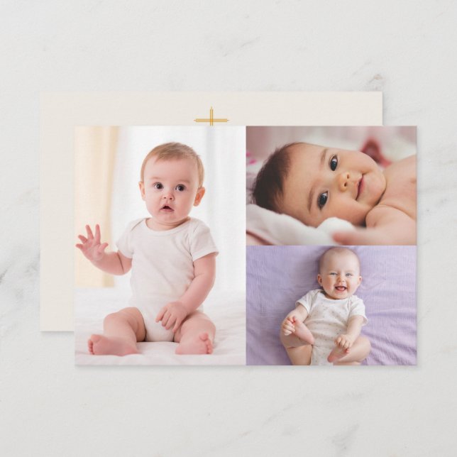 Gold Boho Cross 3-Photo Baptism Thank You Card (Front/Back)