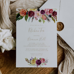 Gold Boho Floral Kitchen Tea Bridal Shower  Invitation