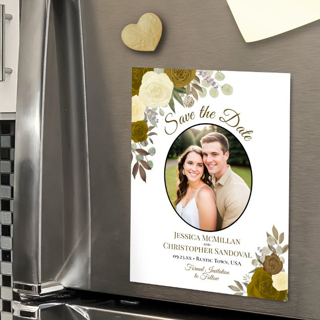Gold Boho Floral & Photo Wedding Save the Date Magnetic Invitation (Magnetic Card for Easy Display)