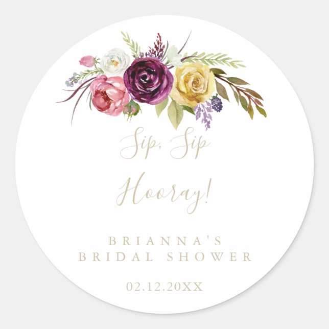 Gold Boho Floral Sip Sip Hooray Bridal Shower   Classic Round Sticker (Front)