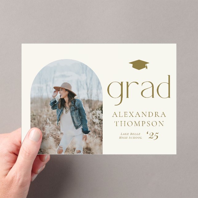 Gold Boho Minimalist Arch Photo Graduation Acrylic Invitations (Insitu (Handheld))