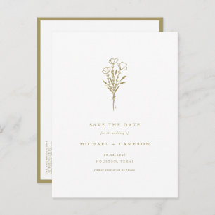 Gold Boho Minimalist Botanical Save the Date Announcement Postcard
