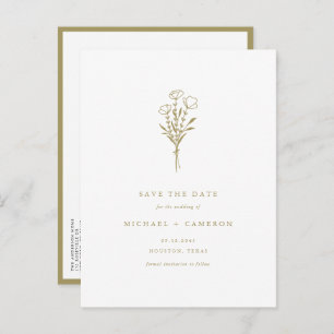 Gold Boho Minimalist Botanical Save the Date Announcement Postcard